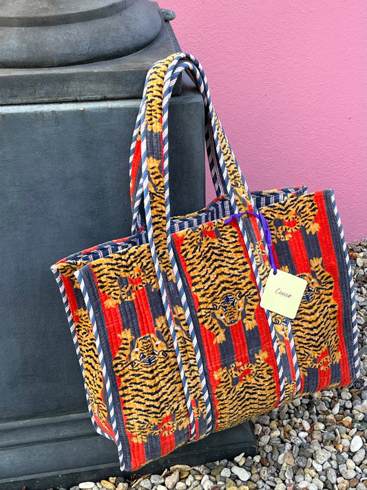 Velvet Tote Bag - Tiger Red and Grey