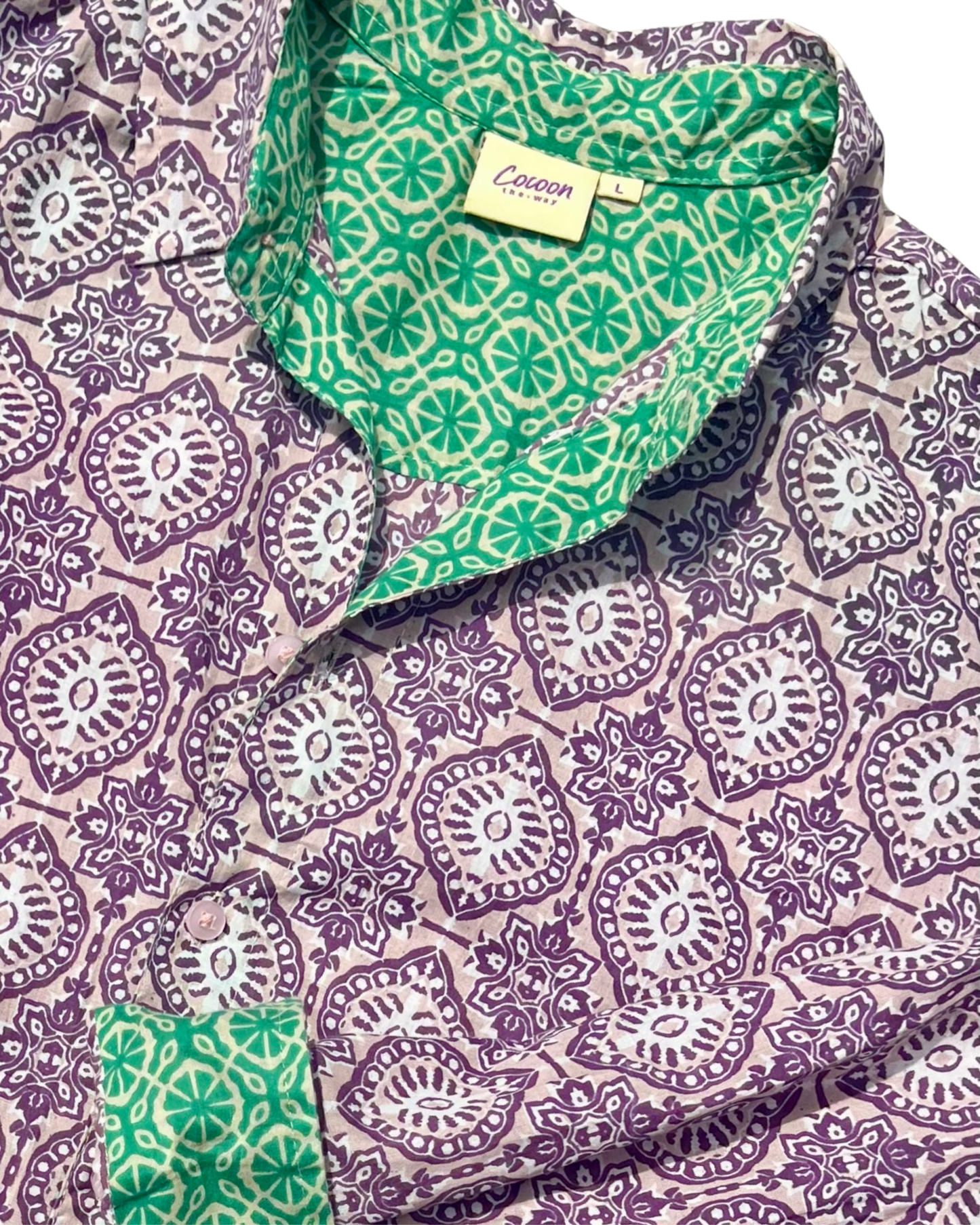 SAIRA Long Sleeve Shirt in purple and green floral pattern, featuring a refined collar and breathable fabric — The Cocoon Way