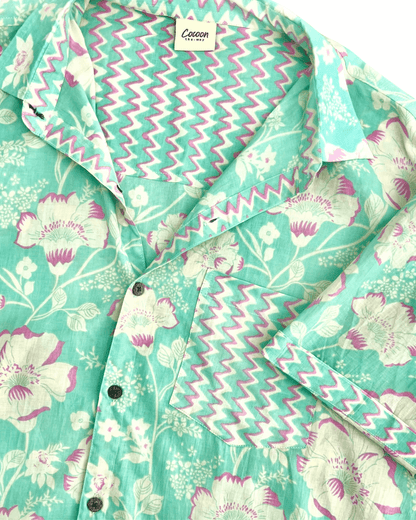 PADMA Short Sleeve Shirt with floral pattern and vibrant colors, featuring lightweight Cambric cotton fabric — The Cocoon Way