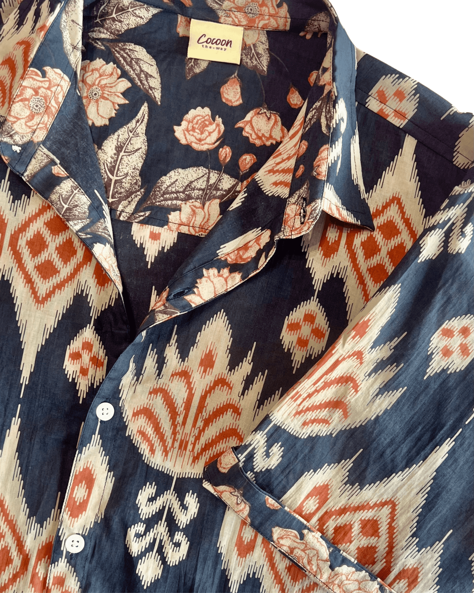 PADMA Short Sleeve Shirt Blue Ikat with floral patterns and a stylish collar from The Cocoon Way