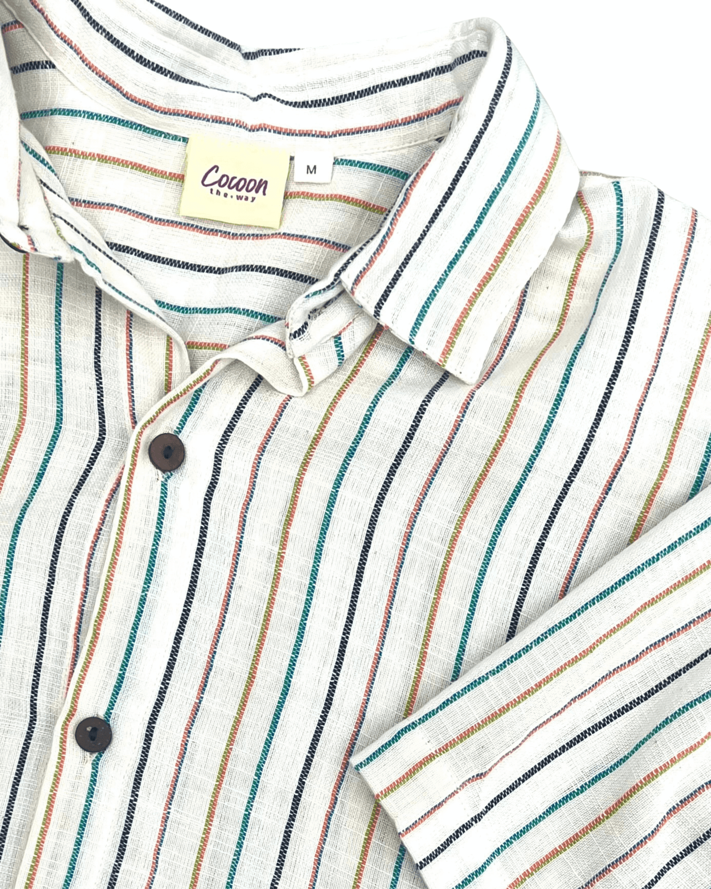 AMBE Short Sleeve Shirt with colorful stripes and button-down collar, showcasing lightweight cotton fabric — The Cocoon Way