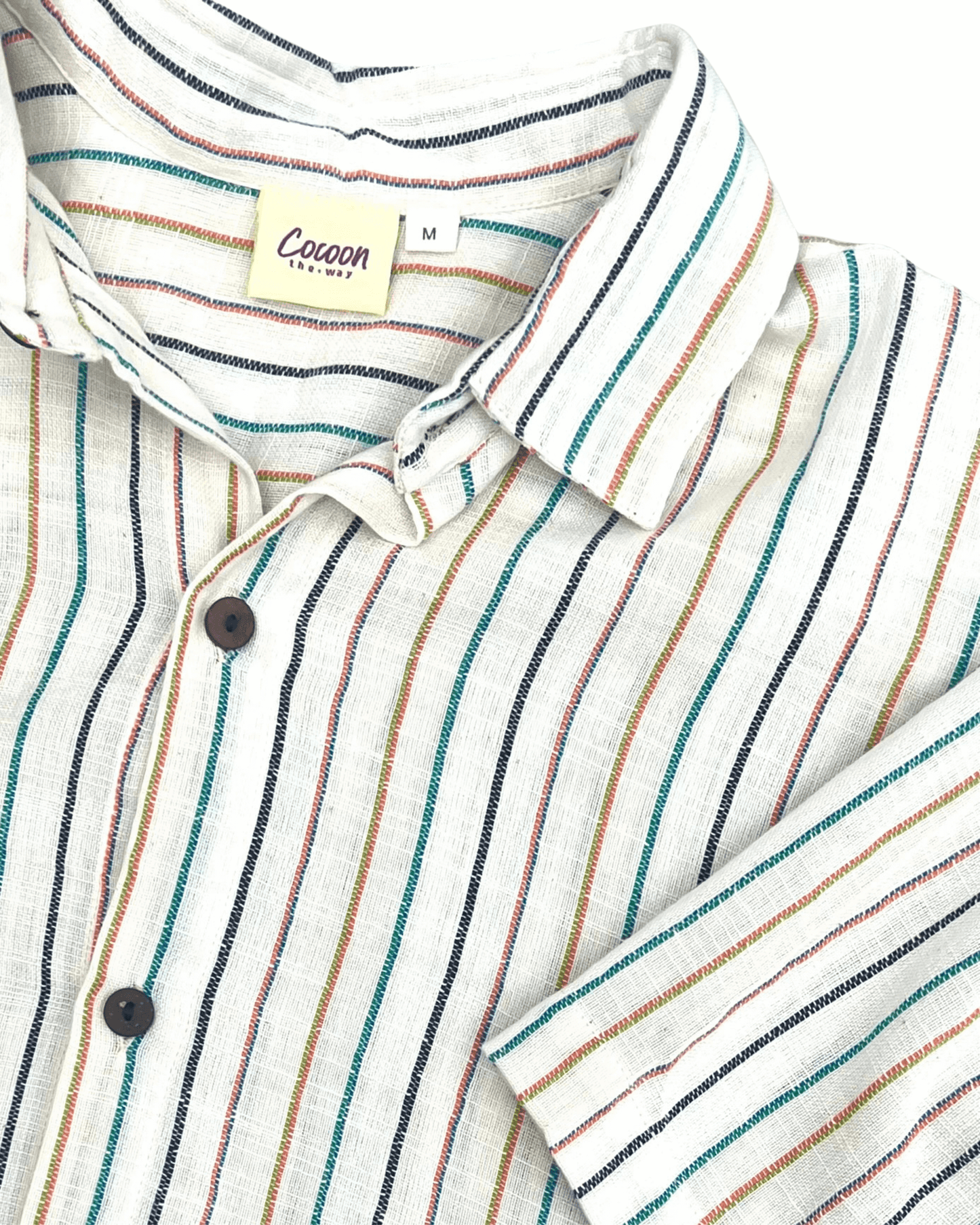 AMBE Short Sleeve Shirt with colorful stripes and button-down collar, showcasing lightweight cotton fabric.