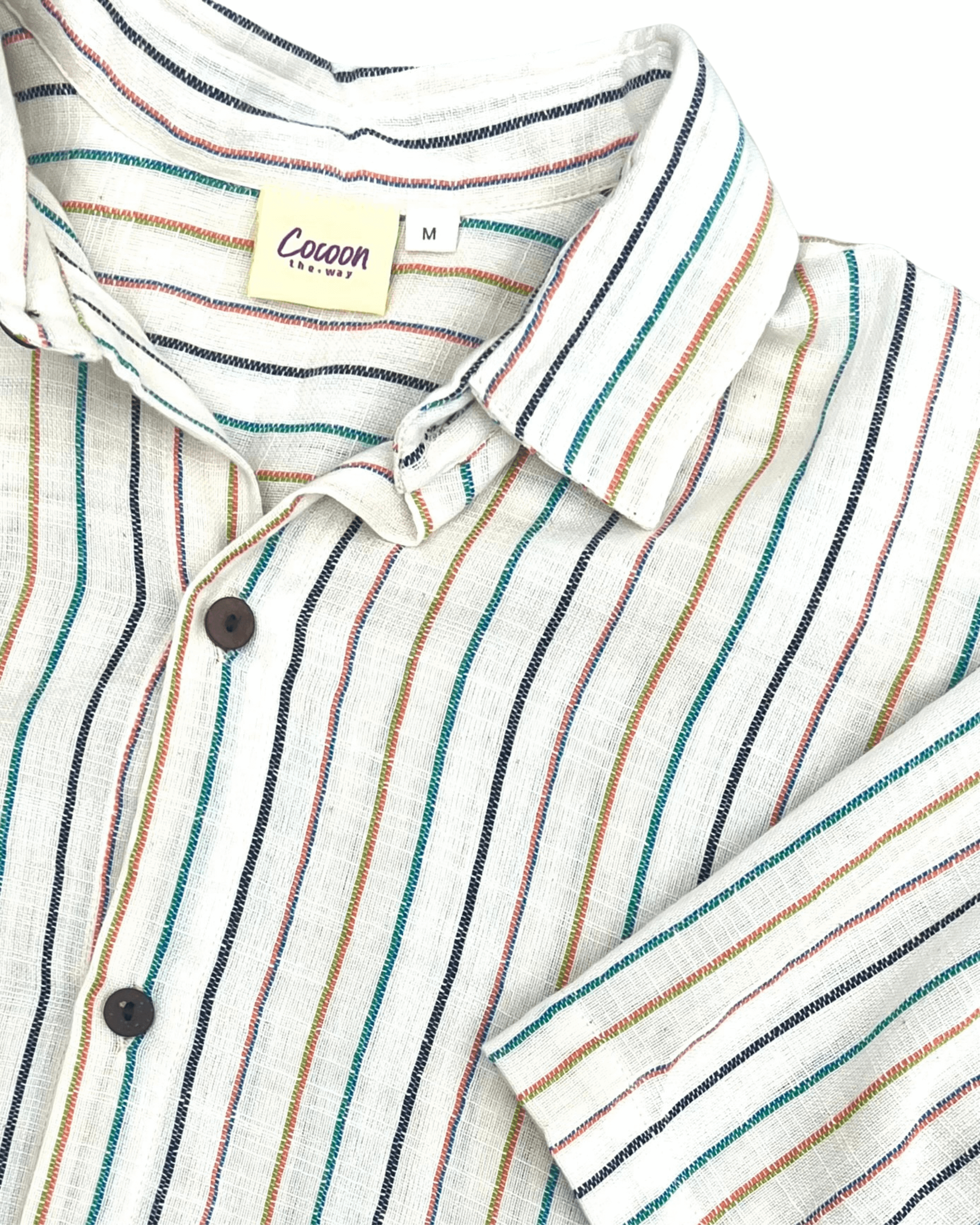 AMBE Short Sleeve Shirt with colorful stripes and button-down collar, showcasing lightweight cotton fabric.