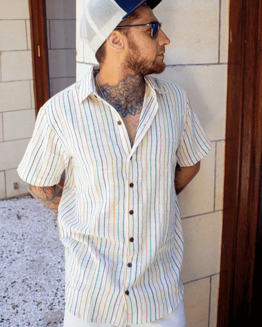 AMBE Short Sleeve Shirt, casual summer style with stripes, lightweight cotton fabric, worn by a man outside.