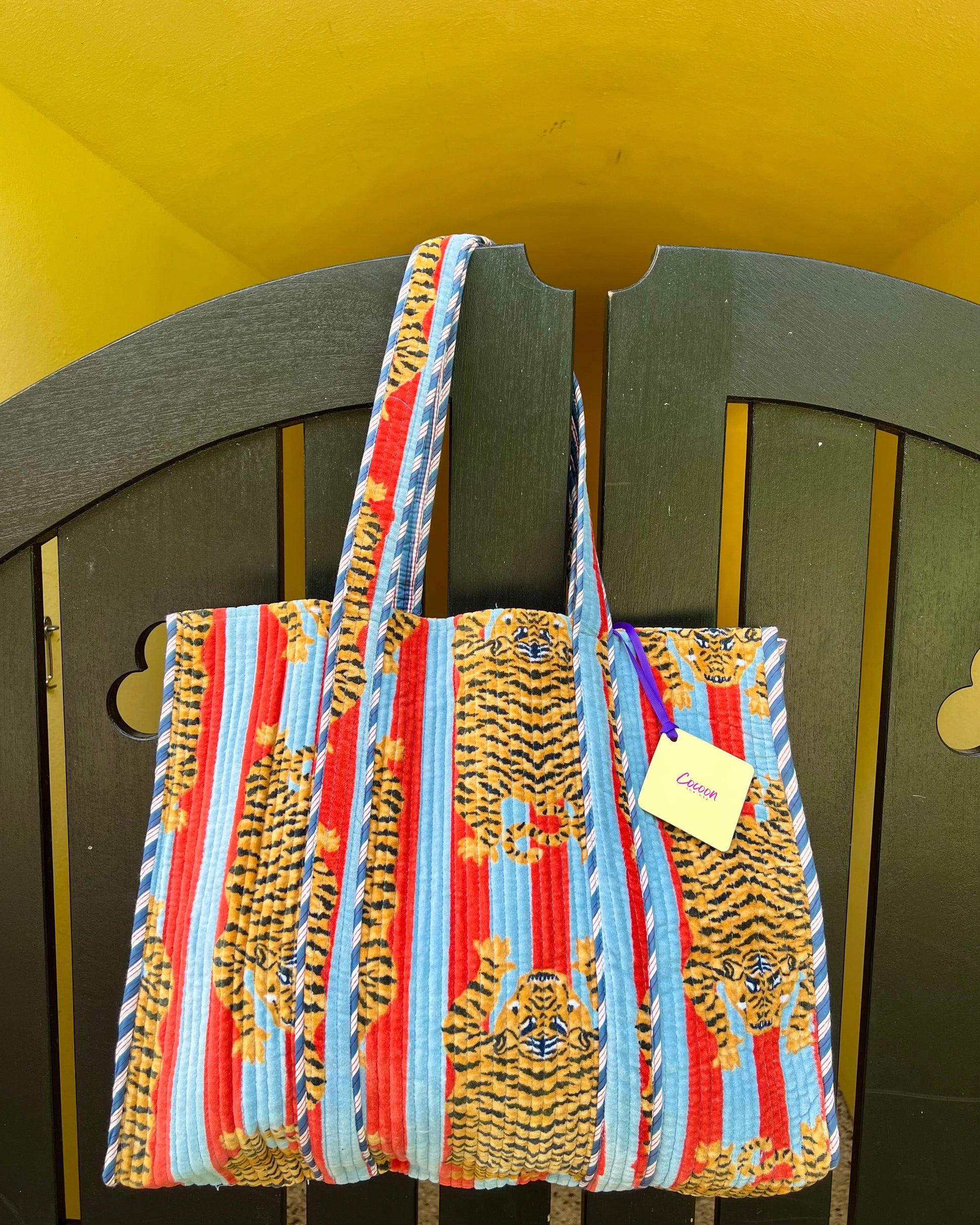 Velvet Tote Bag - Tiger Red and Light Blue (view 2) — The Cocoon Way