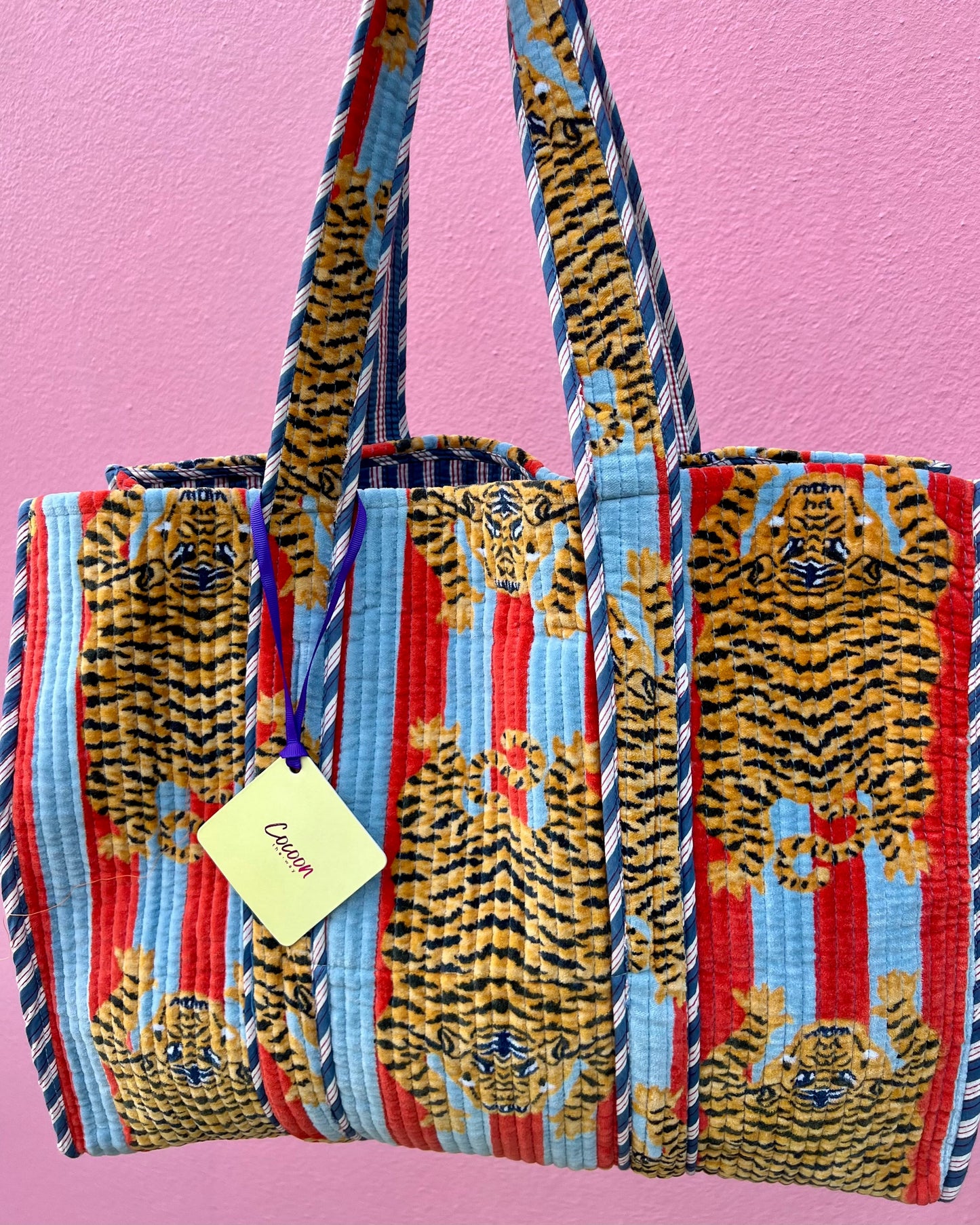 Velvet Tote Bag - Tiger Red and Light Blue — The Cocoon Way
