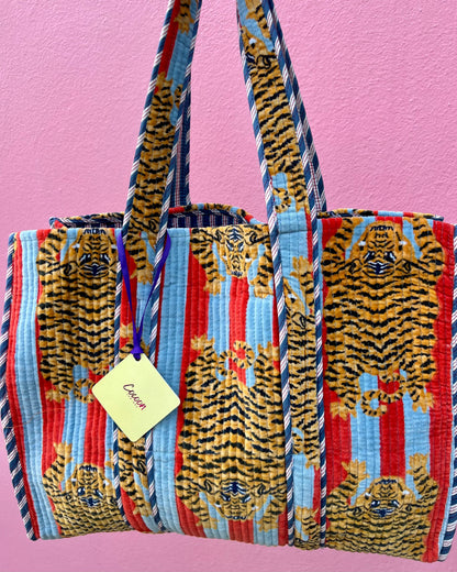 Velvet Tote Bag - Tiger Red and Light Blue — The Cocoon Way