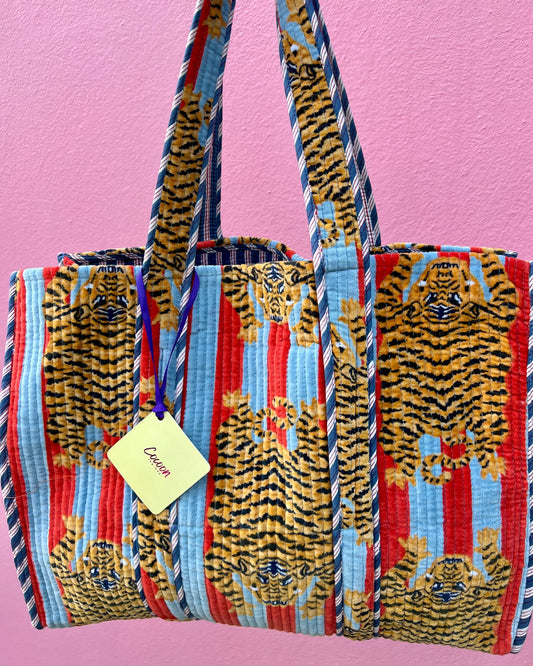 Velvet Tote Bag - Tiger Red and Light Blue — The Cocoon Way
