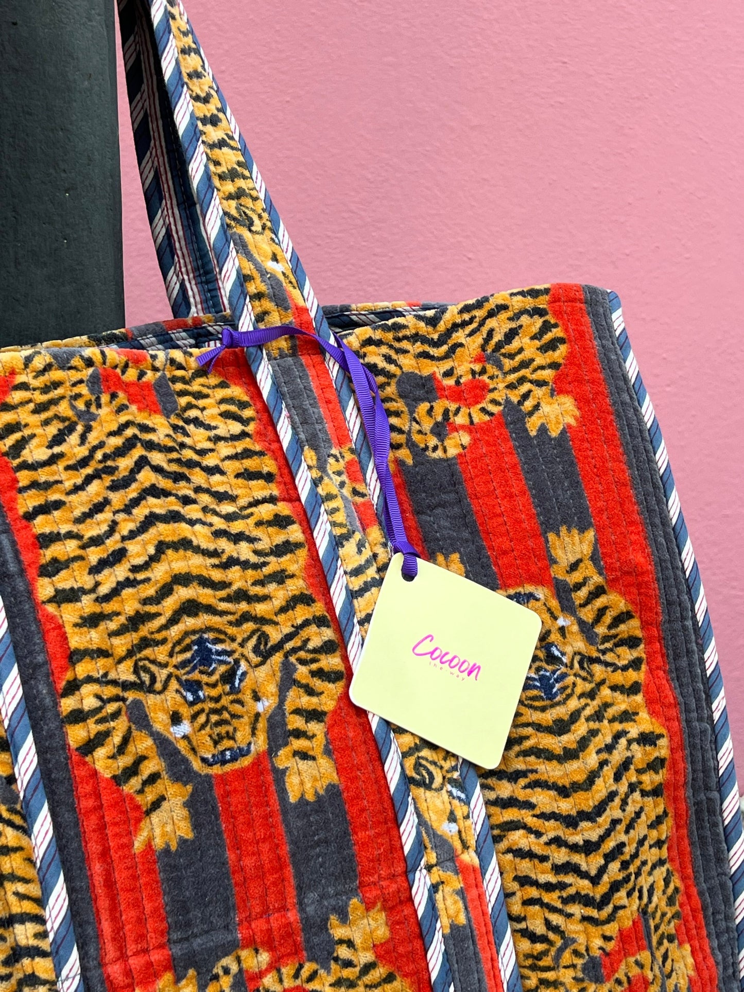 Velvet Tote Bag - Tiger Red and Grey (view 3) — The Cocoon Way