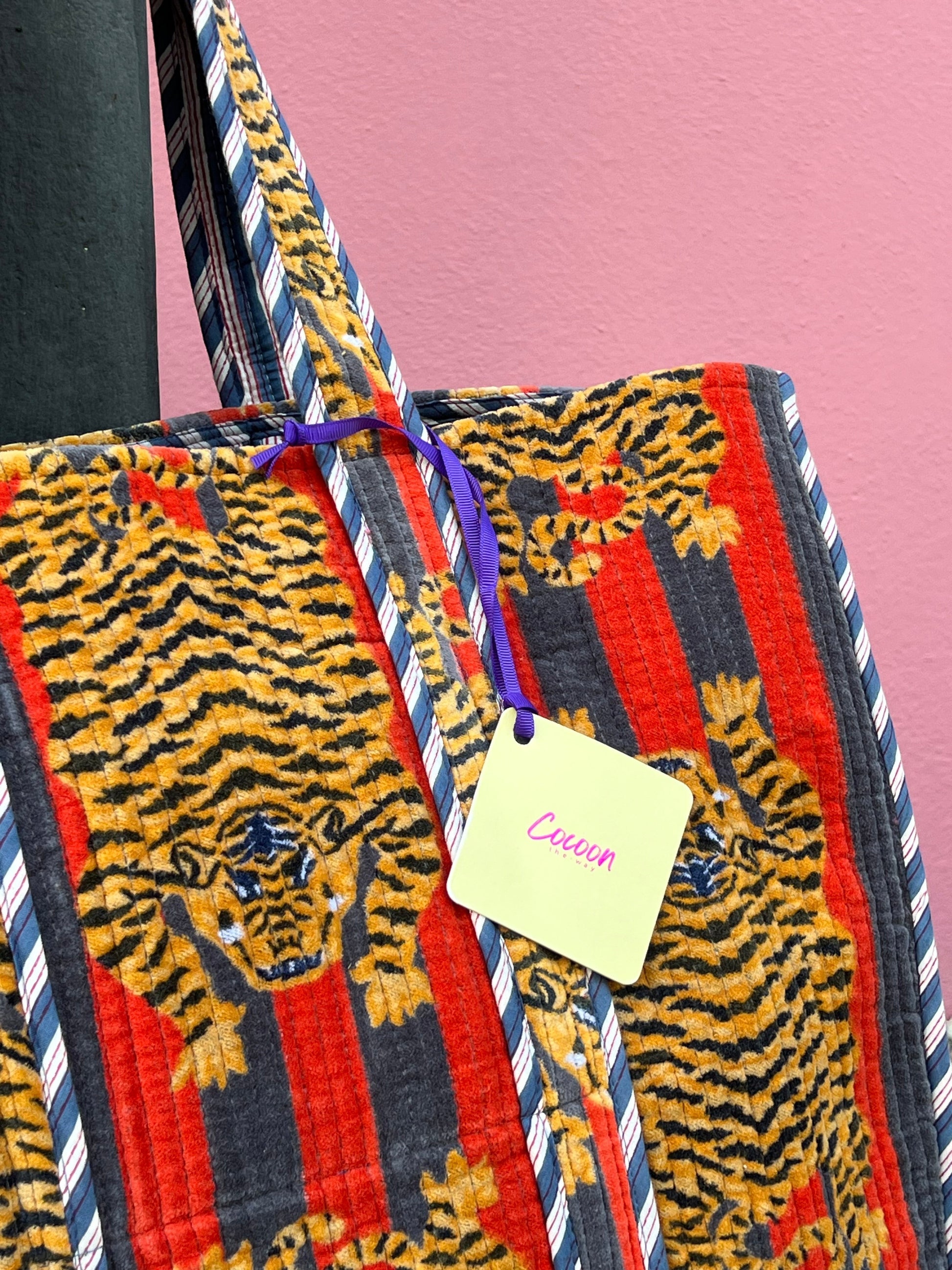 Velvet Tote Bag - Tiger Red and Grey (view 3) — The Cocoon Way