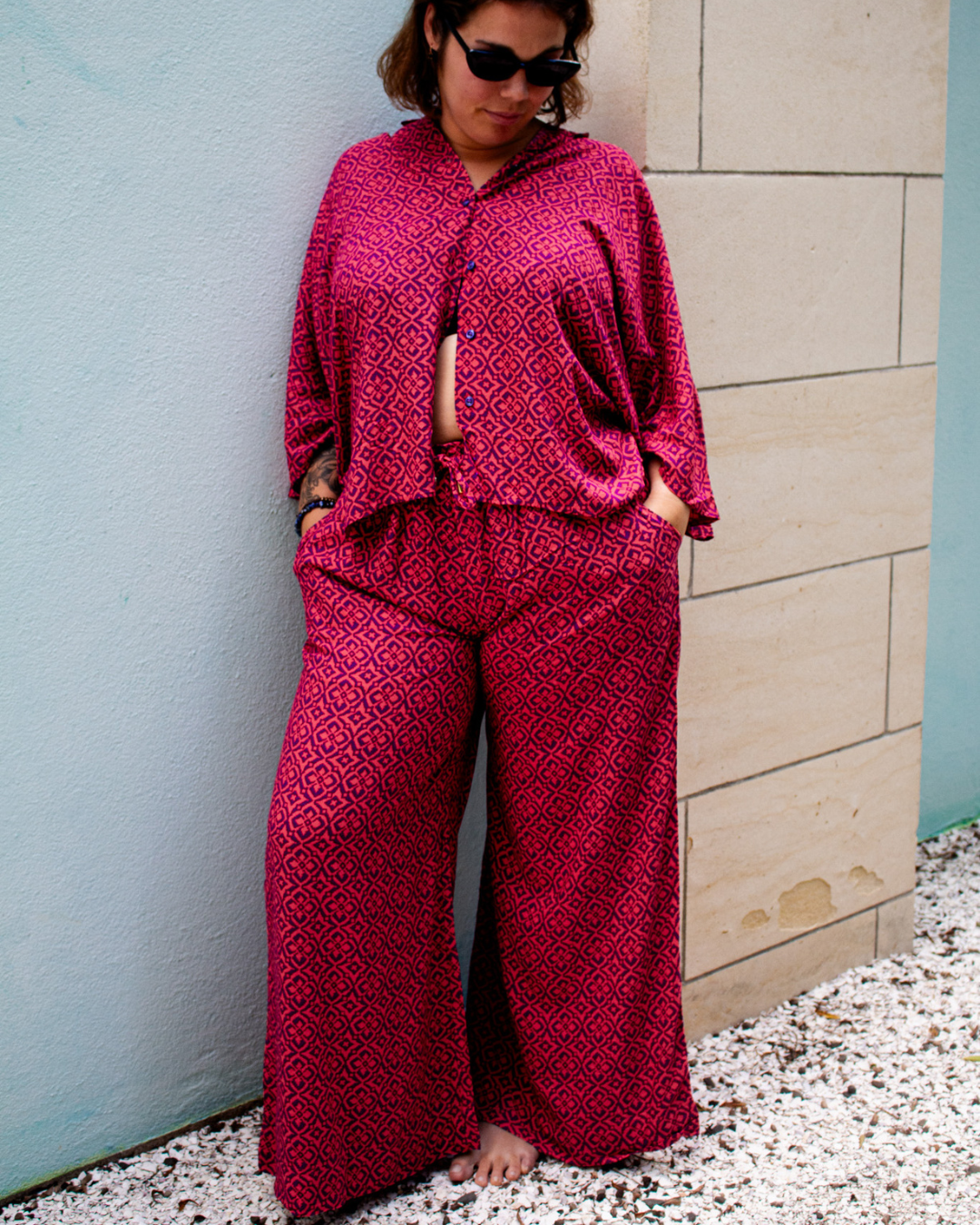 Model wearing OLIVIA Pants in Violetta with a relaxed fit and wide leg, showcasing effortless elegance and comfort — The Cocoon Way