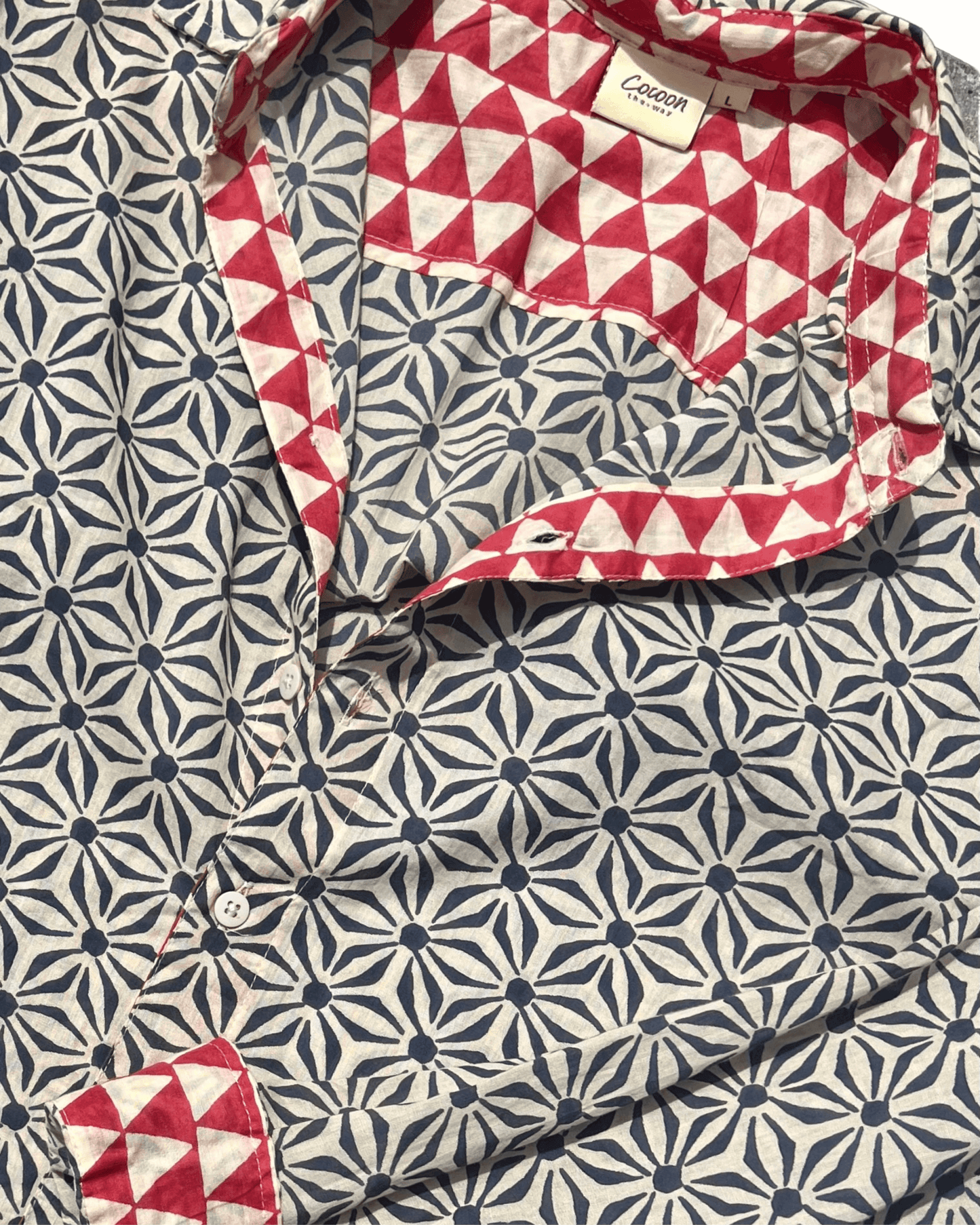 SAIRA Long Sleeve Shirt Barcelona featuring intricate geometric patterns in natural cotton fabric.