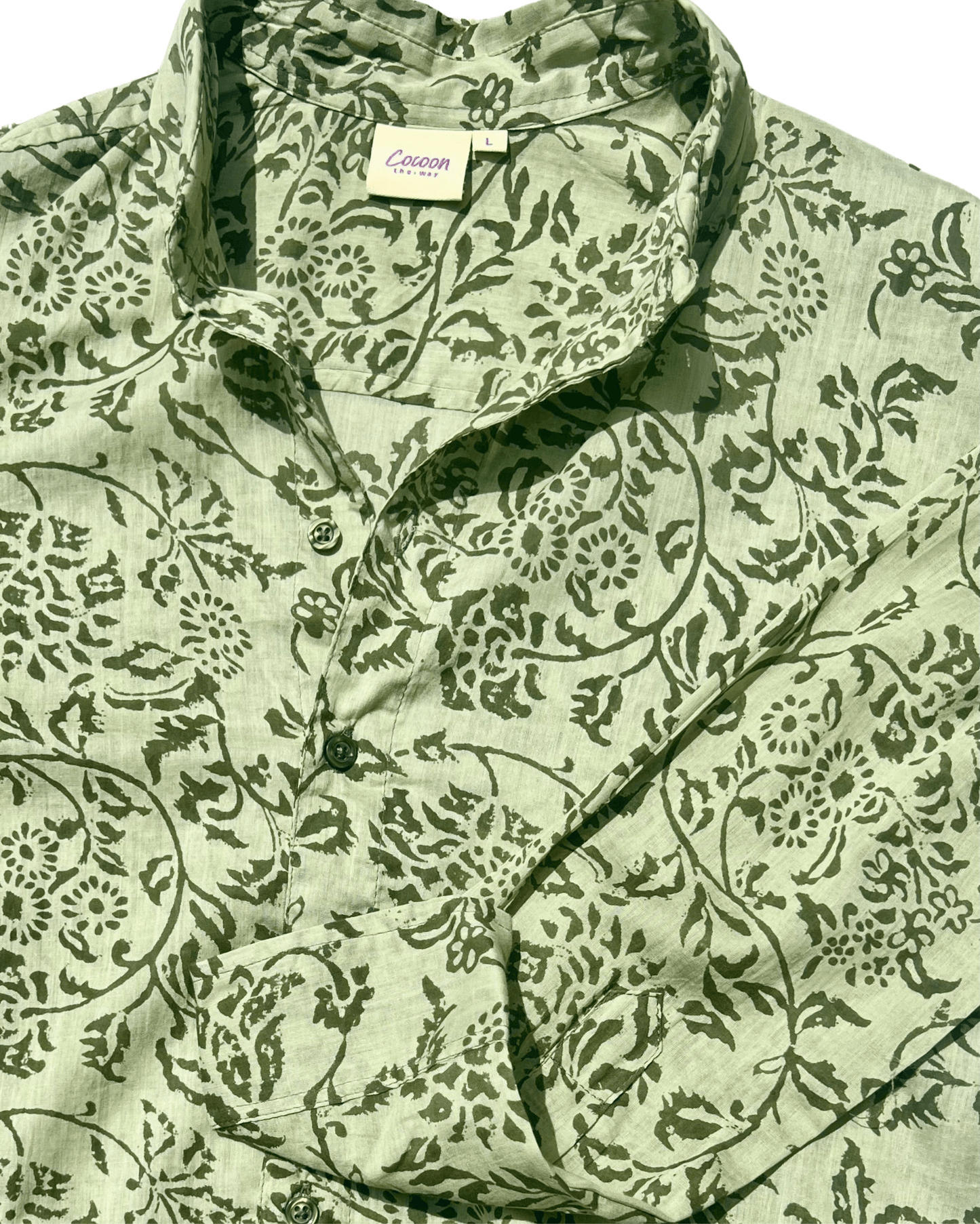 SAIRA Long Sleeve Shirt in Florence Green with intricate floral pattern and button details — The Cocoon Way