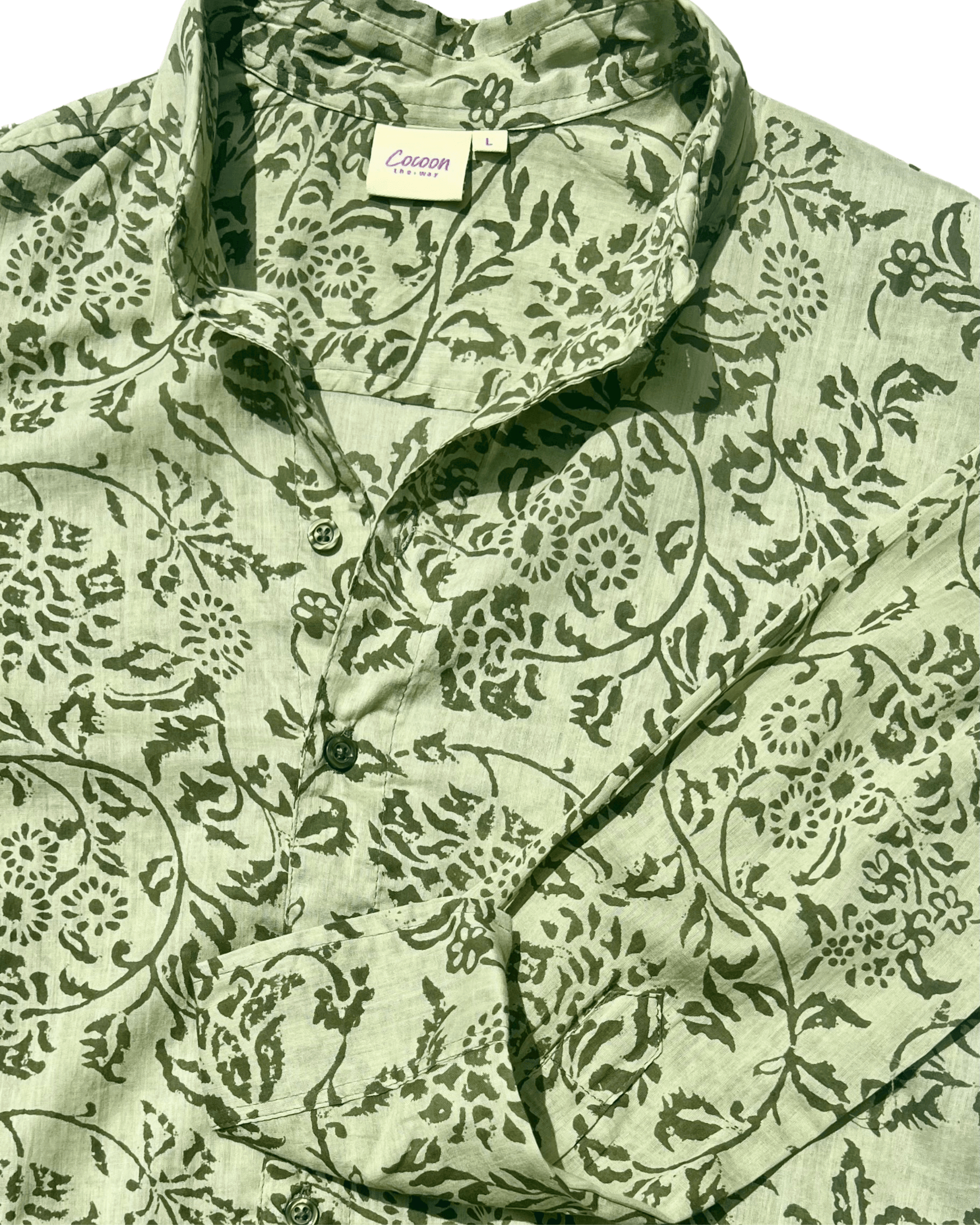 SAIRA Long Sleeve Shirt in Florence Green with intricate floral pattern and button details — The Cocoon Way