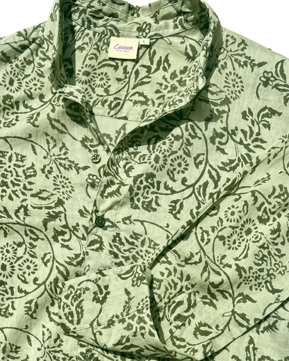 SAIRA Long Sleeve Shirt in Florence Green with intricate floral pattern and button details — The Cocoon Way