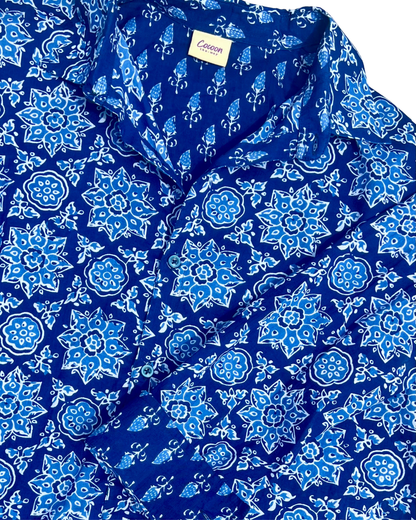 PADMA Long Sleeve Shirt in blue floral pattern, crafted from soft Cambric cotton for comfort and elegance — The Cocoon Way