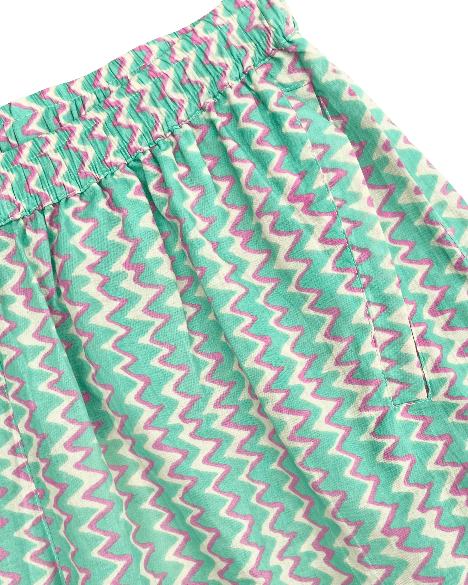 PADMA Cotton Shorts Neon Bloom featuring a colorful zigzag pattern and elastic waistband.