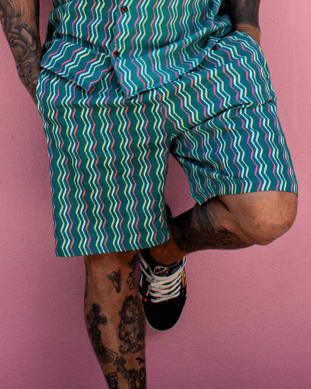 PADMA Cotton Shorts in Neon Wave design, showcasing a colorful, breathable cotton fabric pattern.