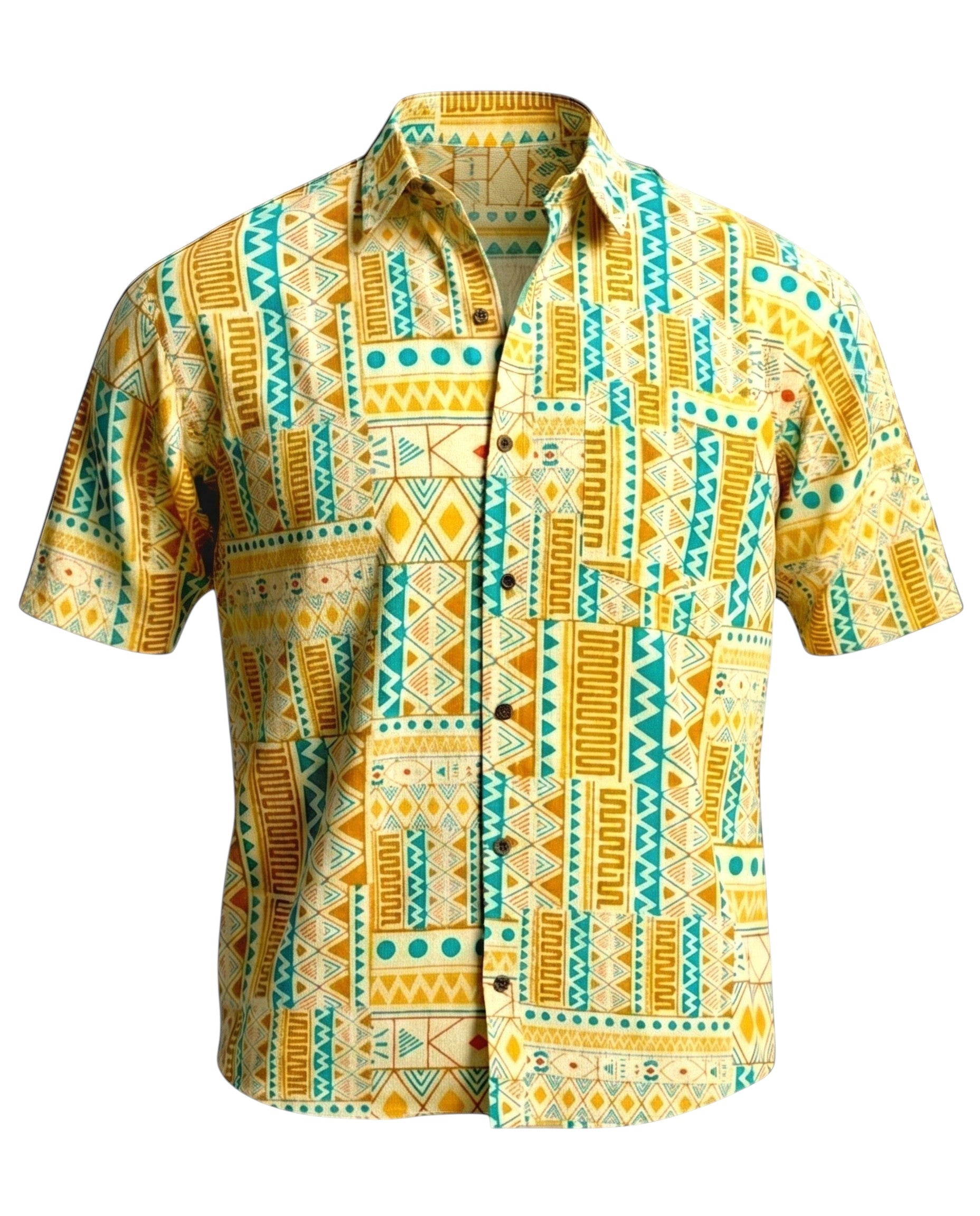 The Cocoon Way short sleeve button down shirt in yellow, white, and turquoise with an intricate geometric print.
