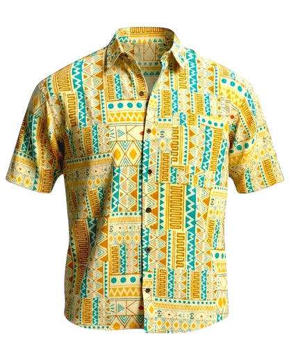 The Cocoon Way short sleeve button down shirt in yellow, white, and turquoise with an intricate geometric print.