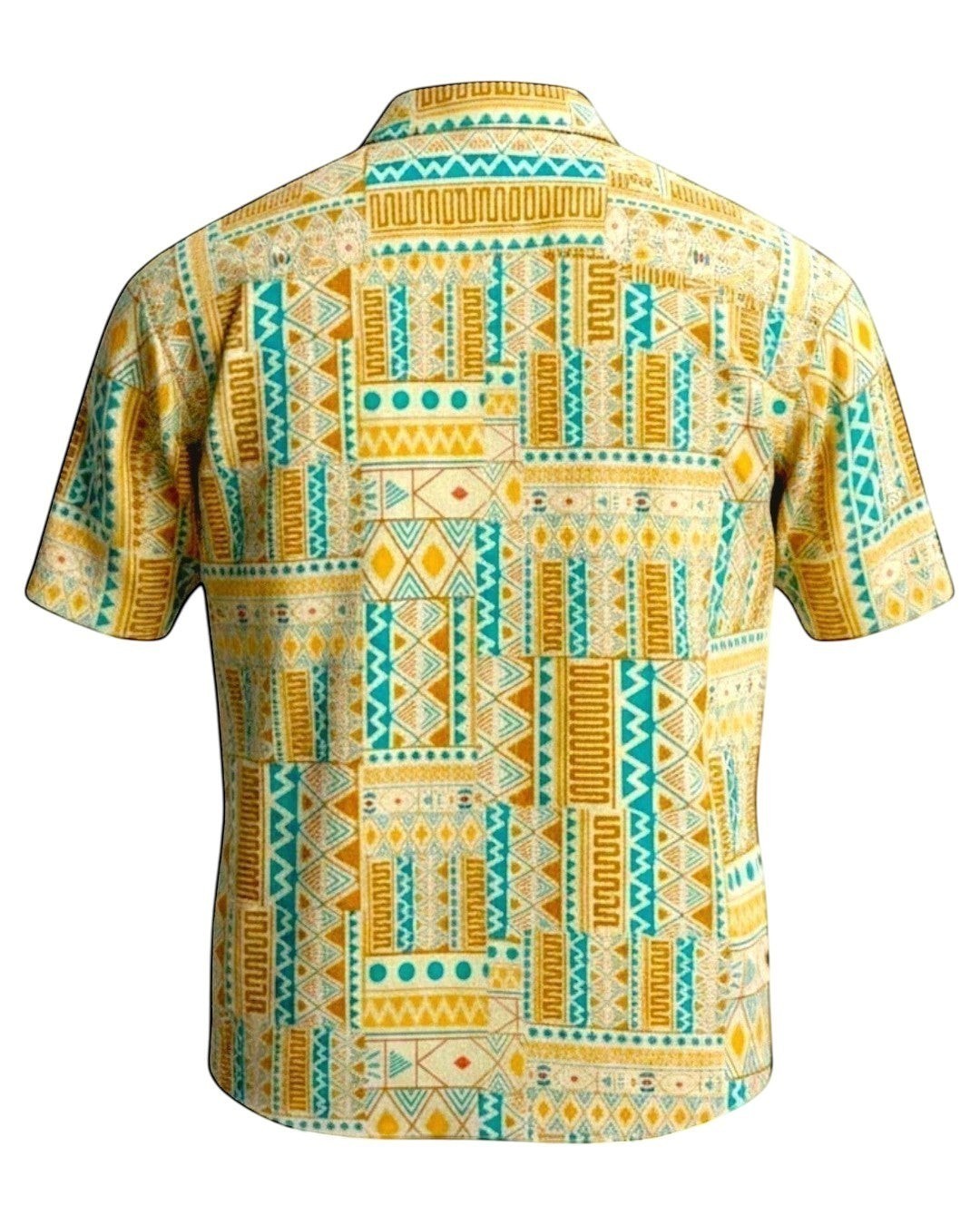 Back view of The Cocoon Way PADMA short sleeve cotton shirt in yellow with a geometric tribe print pattern.